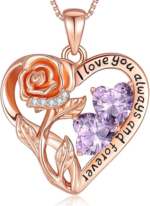 925 Sterling Silver Double Birthstone Rose Flower Heart Jewelry Necklaces for Women Anniversary Love Forever Necklaces for Her Birthday Gifts for Wife Girlfriend Mom Mothers Day Rose Gold