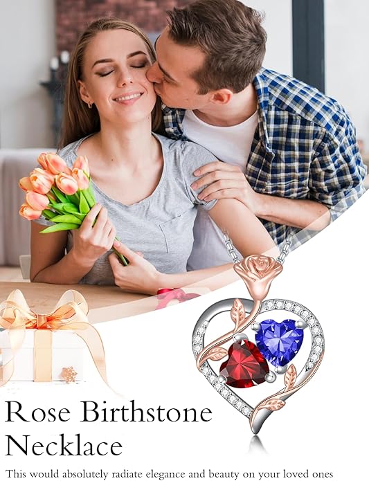 Jewelry for Her Double Heart Rose Birthstone Pendant Necklace Anniversary Jewelry Christmas Birthday Gifts for Women Wife Girlfriend