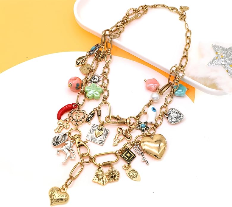 Chunky Retro Heart Necklace for Women Antique Layer Beach Ocean Moon Stars Western Boho Charm Necklaces Retro Link Chain Jewelry