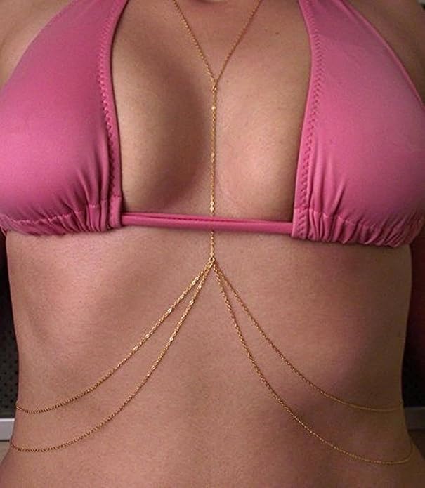 14K Gold Body Chains for Women, Sexy Layered Belly Waist Chain Bikini Bra Chain, Summer Beach Rhinestone Body Jewelry