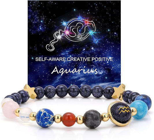 Zodiac Bracelets for Women Men,12 Constellations Healing Crystal Stone Beads Bracelet Birthday Zodiac Gifts Horoscope Spiritual Jewelry Bracelet Gifts