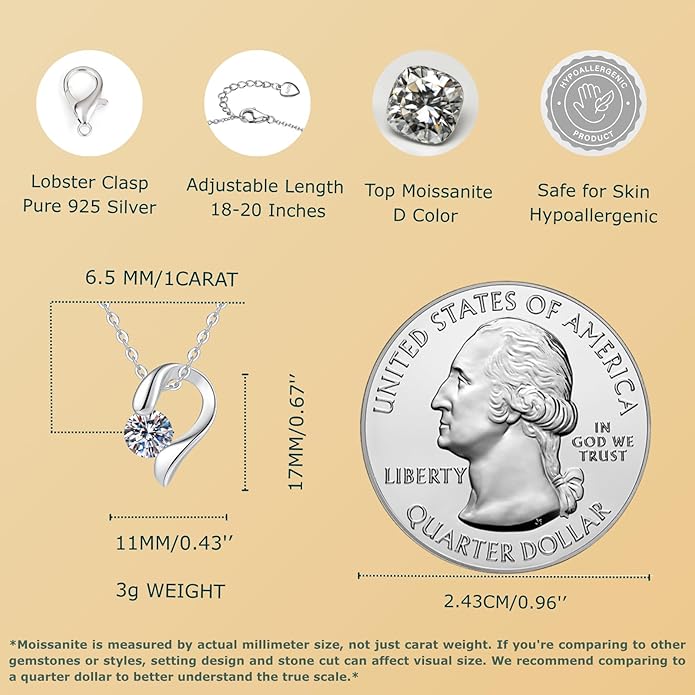 Moissanite Heart Necklace for Women – Shiny Pendant of Love with 925 Sterling Silver Chain, 1-2 Carat Moissanite, Adjustable 18-20 Inch, Romantic Anniversary Jewelry