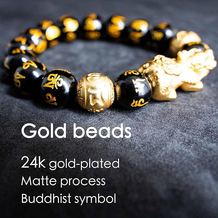 Feng Shui Bracelet 24K Gold Plated PiXiu, Colored Eyes Obsidian Dragon Protection Bracelet Meditation Decompression Prayer Beads Lucky Wealth Bracelets for Men Women(12mm)