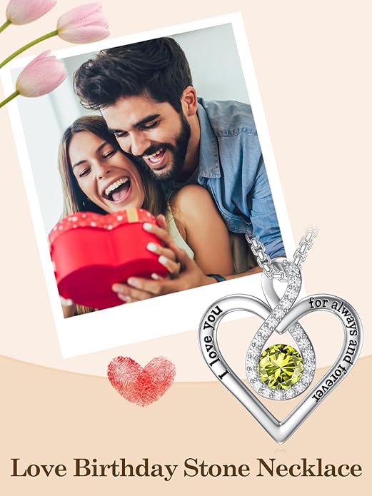 I Love You For Always and Forever Birthstone Necklace Infinity Love Heart Pendant Jewelry Christmas Valentine Mothers Day Birthday Gifts for Women Her Wife Girlfriend