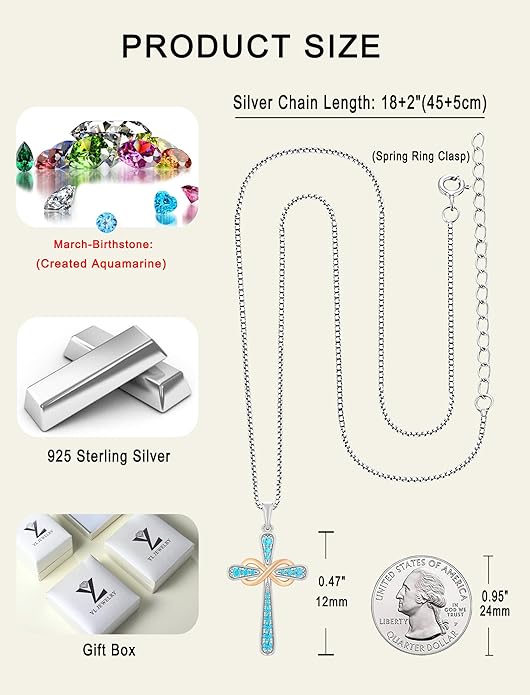 YL 925 Sterling Silver Cross Necklace for Women Halo Infinity Pendant Birthstone Jewelry for Mom
