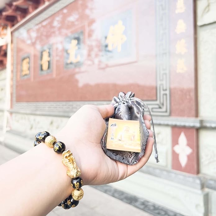 Feng Shui Bracelet 24K Gold Plated PiXiu, Colored Eyes Obsidian Dragon Protection Bracelet Meditation Decompression Prayer Beads Lucky Wealth Bracelets for Men Women(12mm)