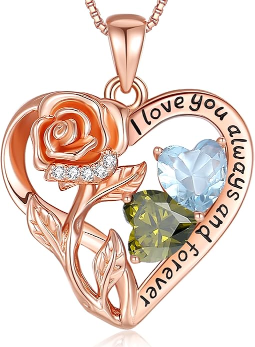 925 Sterling Silver Double Birthstone Rose Flower Heart Jewelry Necklaces for Women Anniversary Love Forever Necklaces for Her Birthday Gifts for Wife Girlfriend Mom Mothers Day Rose Gold