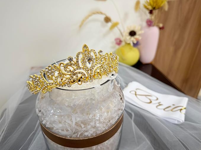 JETKONG 3 Pcs Bachelorette Party Decorations Bridal Shower Crown, Bride to Be Sash&Veil for Women Bachelorette Party Gifts, Bachelorette Party Supplies, Gifts, Favors (Gold)