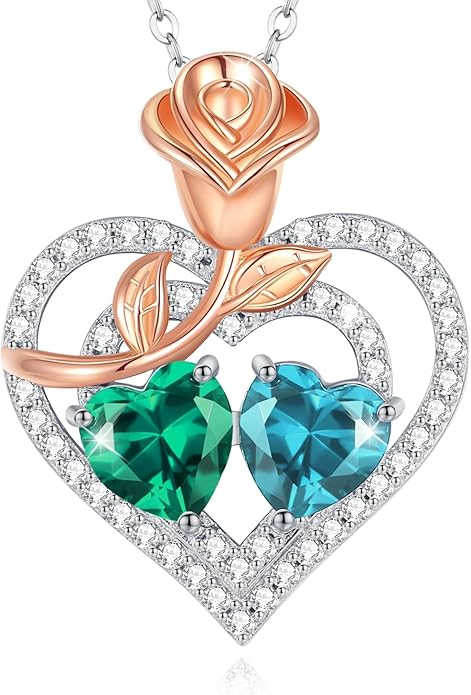 AGVANA Birthstone Necklace for Women Sterling Silver Rose Flower Heart Double Birthstone Jewelry Pendant Necklace Anniversary Birthday Gifts for Women Mom Wife Girlfriend Her