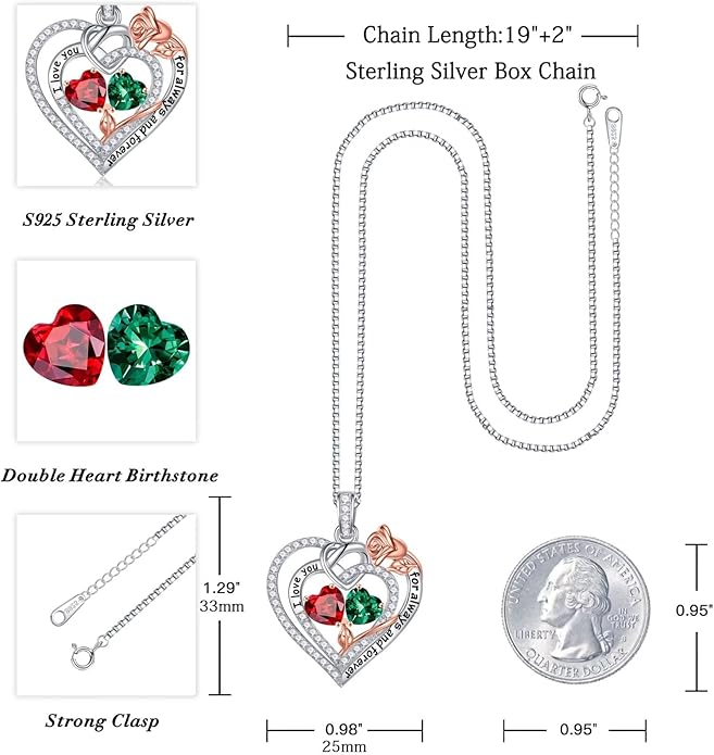 Iefil Rose Heart Necklace Gifts for Wife Women - 925 Sterling Silver Double Birthstone Necklace, Anniversary Birthday Gifts for Women, Jewelry Gift for Wife Girlfriend Mom Her
