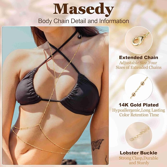 14K Gold Sexy Body Chains for Women Necklace Layered Bikini Bra Chain Crossover Belly Chain Rhinestone Summer Chest Chain Beach Prom Nightclub Body Chain Jewelry