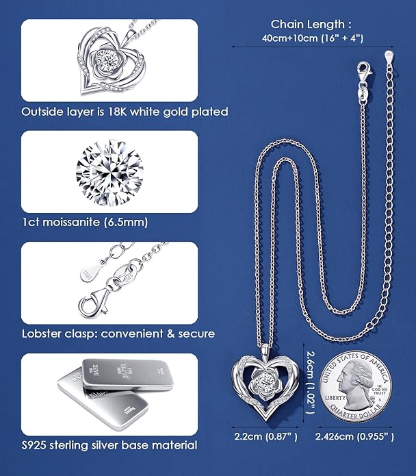 Beam & Bask Rose Flower Heart Moissanite Necklaces for Wife, S925 Silver Pendant for Women, 18K Gold Plated Jewelry for Her Girlfriend Mom for Anniversary Birthday