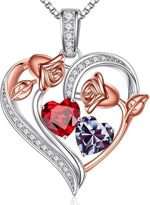 Iefil Birthstone Necklace for Women - 925 Sterling Silver Rose Heart Necklace, Birthstone Jewelry, Anniversary Birthday Gifts for Wife Girlfriend Mom Daughter