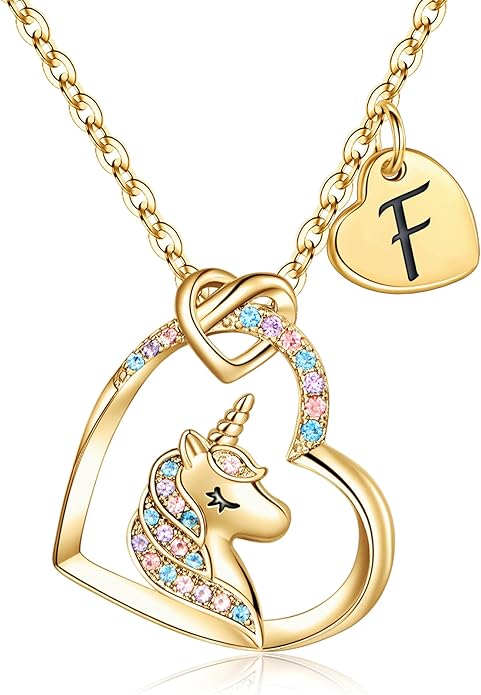 Hidepoo Unicorn Necklace Gifts for Girls Daughter - Colorful CZ Heart Pendant Initial Unicorn Necklaces for Girl Teens Little Girls Jewelry Birthday Gift