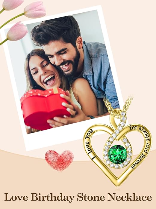 I Love You For Always and Forever Birthstone Necklace Infinity Love Heart Pendant Jewelry Christmas Valentine Mothers Day Birthday Gifts for Women Her Wife Girlfriend