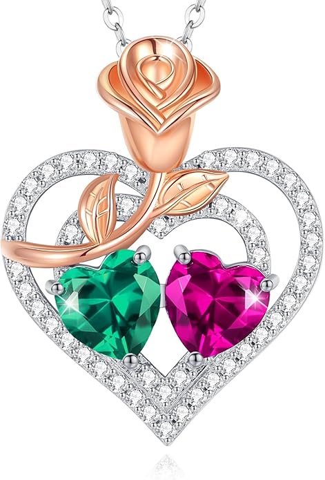 AGVANA Birthstone Necklace for Women Sterling Silver Rose Flower Heart Double Birthstone Jewelry Pendant Necklace Anniversary Birthday Gifts for Women Mom Wife Girlfriend Her