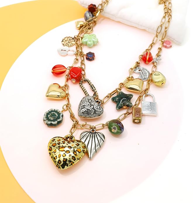 Chunky Retro Heart Necklace for Women Antique Layer Beach Ocean Moon Stars Western Boho Charm Necklaces Retro Link Chain Jewelry