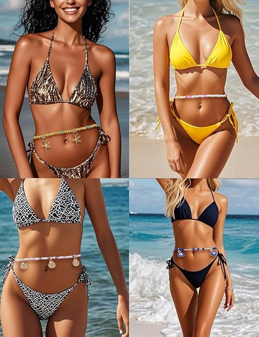 Tornito 8Pcs 31.5 Inches African Waist Bead Chain Elastic Belly Beads Butterfly Shell Layered Body Chain Colorful Jewelry Accessories for Women