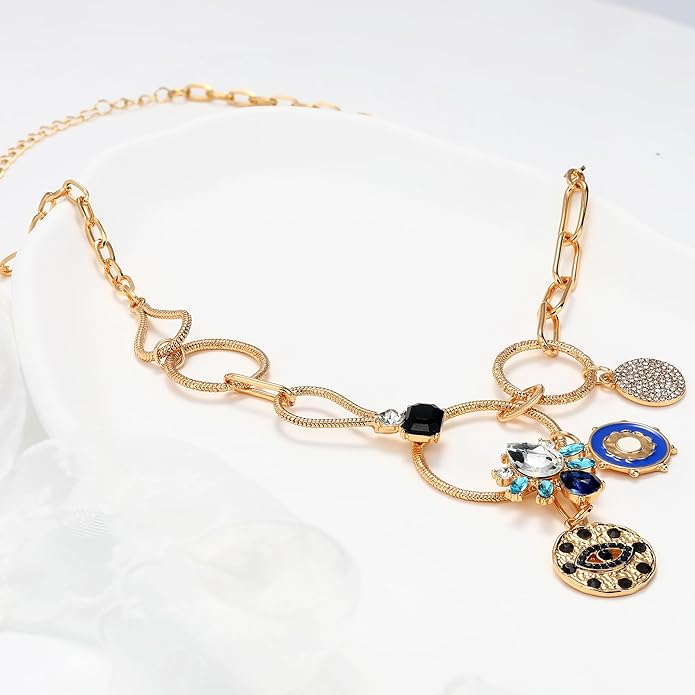 Charm Necklace for Women Gold Evil Eye Sun Moon Flower Coin Pendant Necklace Dainty Paperclip Chain Vintage Luck Amulet Choker Necklaces Celestial Jewelry Gift