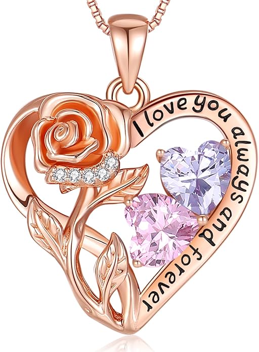 925 Sterling Silver Double Birthstone Rose Flower Heart Jewelry Necklaces for Women Anniversary Love Forever Necklaces for Her Birthday Gifts for Wife Girlfriend Mom Mothers Day Rose Gold