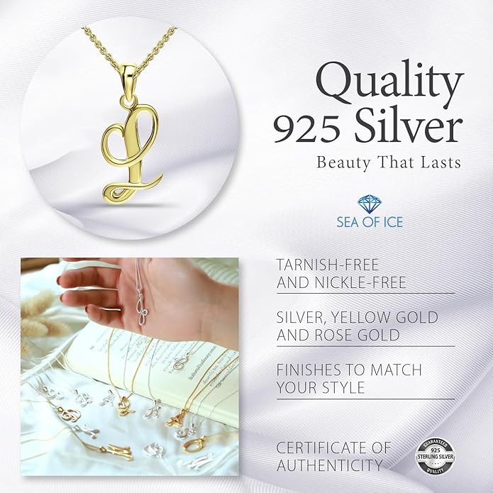 SEA OF ICE Letter Initial Necklace, Alphabet Letter Pendant Necklace, Sterling Silver, Gold, Rose Gold Necklace for Women, Elegant Initial Necklaces, Personalized Custom Women's Necklaces