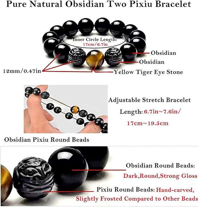 Black Obsidian Bracelet,Feng Shui Black Obsidian Wealth Bracelet for Women Men Couples Handmade Stretch Obsidian Bracelet Bangle with Carved Pixiu Tiger Eye Stone Attract Wealth Money and Good Luck