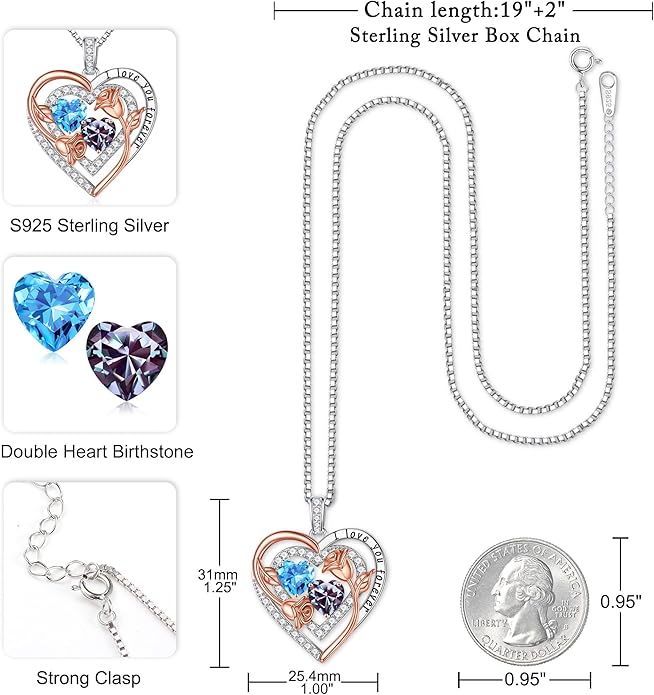 Iefil Birthstone Necklace for Women - Sterling Silver Birthstone Necklace Anniversary Birthday Gifts for Her Wife Mom Daughter