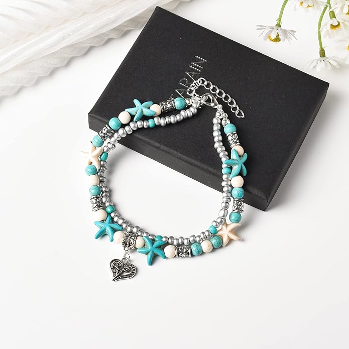 Starain Blue Turtle Anklets for Women Multilayer Beads Handmade Beach Ankle Bracelet Set Boho Foot Jewelry