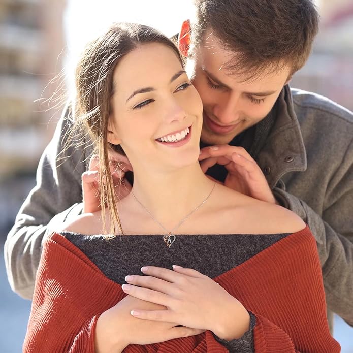 Iefil Rose Heart Necklaces Gifts for Women - 925 Sterling Silver Rose Heart Initial Necklace, Anniversary Birthday Gifts for Women, Jewelry Gift for Her Wife Girlfriend Mom Daughter