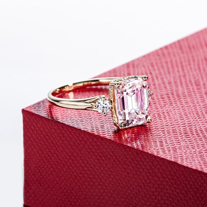 Solid 14K Gold 3.36ct Moissanite Three Stone Rings (3ct Center Stone), Round/Oval/Emerald Shape, Real Gold | D Color and Flawless Moissanite | Wedding Anniversary Ring