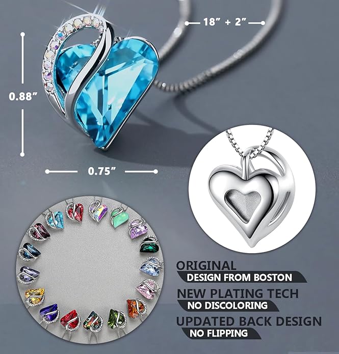 Necklaces for Women, Infinity Love Birthstone Heart Crystal Pendant, Birthday Jewelry Gifts for Her, Mom, and Wife, Silver Plated, 18 plus 2 inch Adjustable Chain