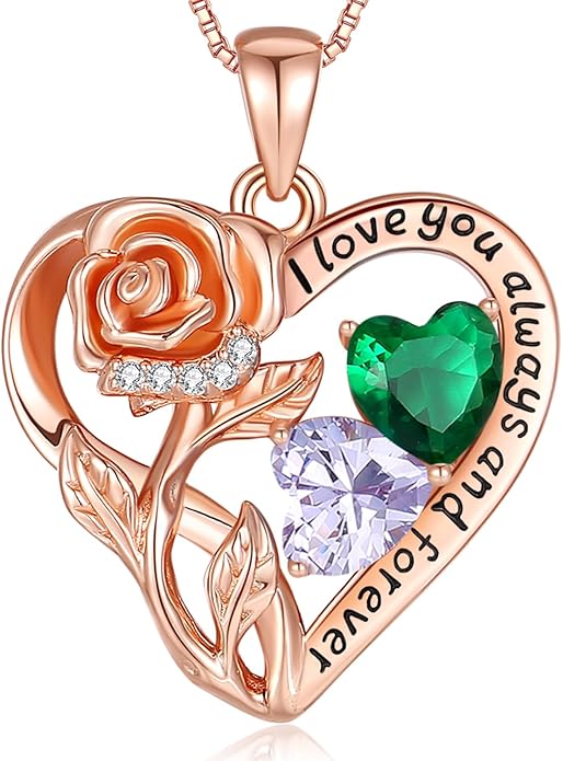 925 Sterling Silver Double Birthstone Rose Flower Heart Jewelry Necklaces for Women Anniversary Love Forever Necklaces for Her Birthday Gifts for Wife Girlfriend Mom Mothers Day Rose Gold