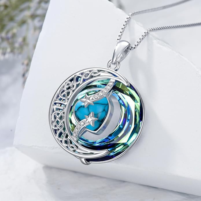 TOUPOP Birthstone Necklace 925 Sterling Silver Moon and Star Pendant with Blue Crystal Celtic Moon Jewelry Birthday Christmas Gifts for Women Mom Wife Her Daughter