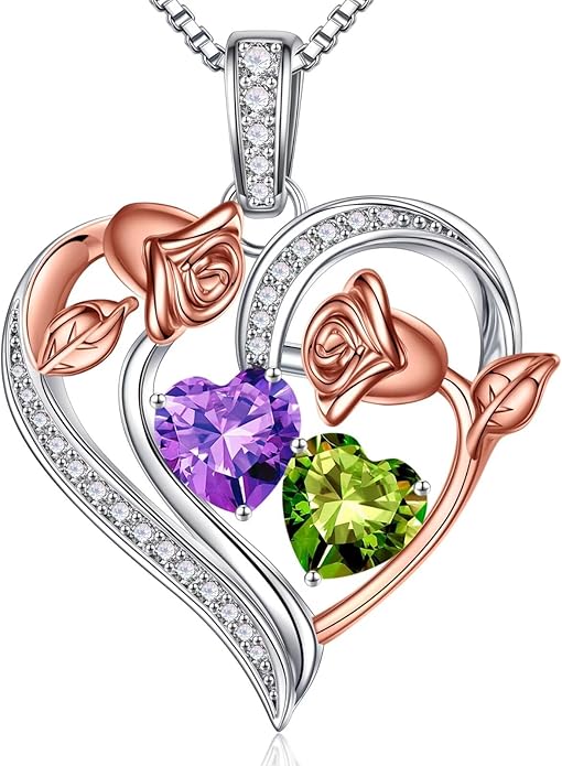 Iefil Birthstone Necklace for Women - 925 Sterling Silver Rose Heart Necklace, Birthstone Jewelry, Anniversary Birthday Gifts for Wife Girlfriend Mom Daughter
