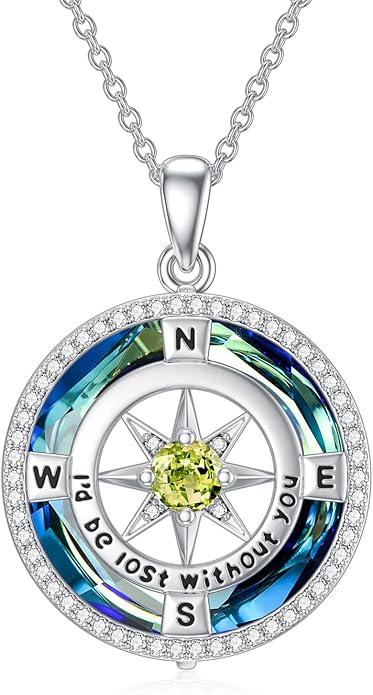 TOUPOP Compass Necklace for Women 925 Sterling Silver I'd be Lost without You Compass Pendant Birthstone Necklaces Anniversary Jewelry Birthday Gift for Girlfriend Wife Graduation Gifts for Her Daugthter