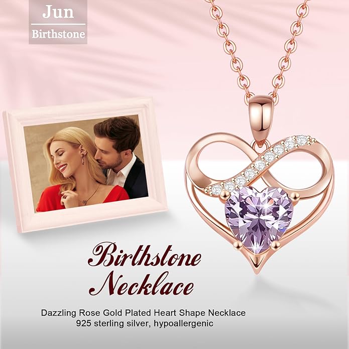 Rose Gold Birthstone Necklaces Heart Birthstone Pendant Necklaces For Women Valentine's Day Mother's Day Anniversary Christmas Gifts