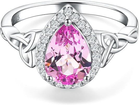 DAYBYDAY Celtic Birthstone Rings for Women 925 Sterling Silver Heart/Round/Pear/Oval Created Gemstone Moissanite Halo Engagement Promise Rings for Her Wife Birthday Anniversary Wedding Jewelry