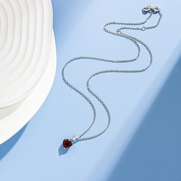 AGVANA 14K Solid White Gold Diamond Gemstone Pendant with Sterling Silver Chain 8mm Heart Birthstone Necklace Fine Jewelry Anniversary Birthday Gifts for Women Mom Wife