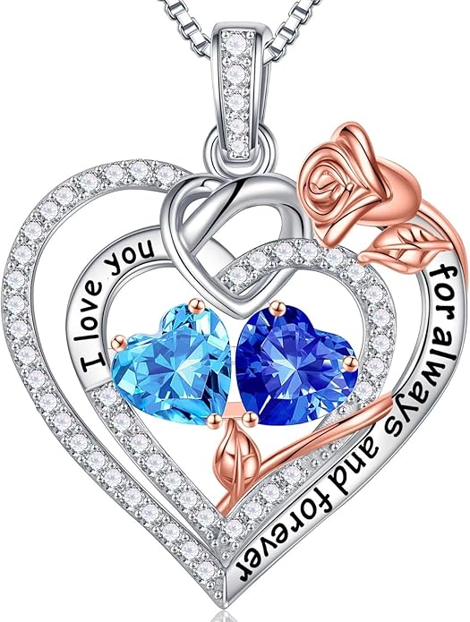 Iefil Rose Heart Necklace Gifts for Wife Women - 925 Sterling Silver Double Birthstone Necklace, Anniversary Birthday Gifts for Women, Jewelry Gift for Wife Girlfriend Mom Her