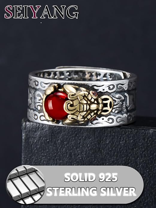 Seiyang Feng Shui Ring 925 Stering Silver Pixiu Mantra Ring Protection Wealth Adjustable Rings Gift for Men Women (with Gift Box)
