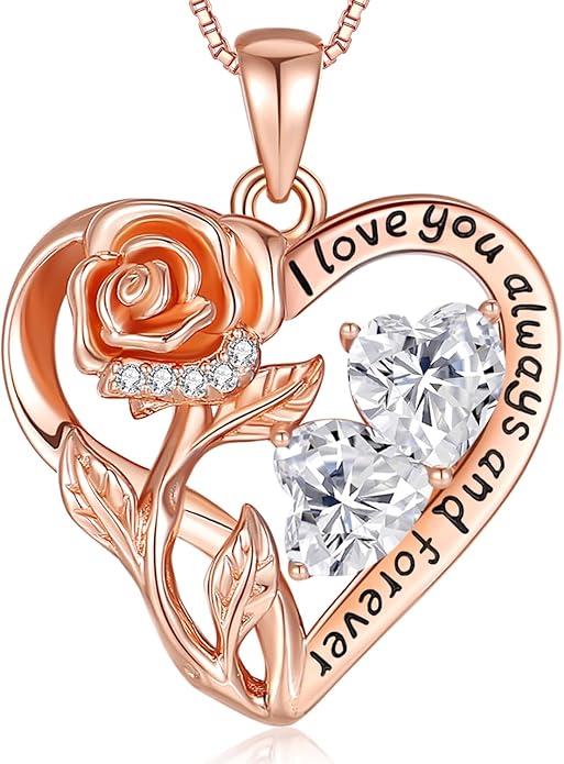 925 Sterling Silver Double Birthstone Rose Flower Heart Jewelry Necklaces for Women Anniversary Love Forever Necklaces for Her Birthday Gifts for Wife Girlfriend Mom Mothers Day Rose Gold