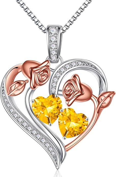 Iefil Birthstone Necklace for Women - 925 Sterling Silver Rose Heart Necklace, Birthstone Jewelry, Anniversary Birthday Gifts for Wife Girlfriend Mom Daughter