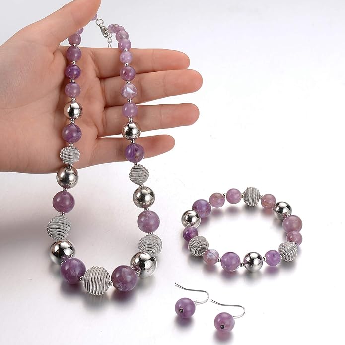 PEARL&CLUB Beaded Chunky Statement Necklace Earring and Bracelet Set Silver Metal Bead Fashion Jewelry Set Mothers’ Day Gifts for Women