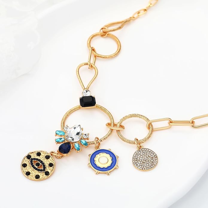 Charm Necklace for Women Gold Evil Eye Sun Moon Flower Coin Pendant Necklace Dainty Paperclip Chain Vintage Luck Amulet Choker Necklaces Celestial Jewelry Gift