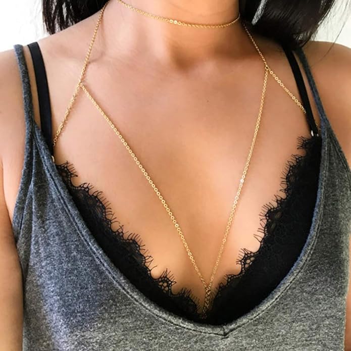 14K Gold Body Chains for Women, Sexy Layered Belly Waist Chain Bikini Bra Chain, Summer Beach Rhinestone Body Jewelry