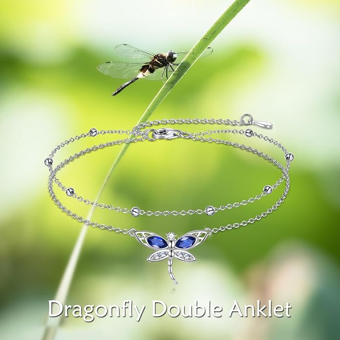 TIGER RIDER Dragonfly Anklet Sterling Silver Dragonfly Gifts Jewelry for Women with Crystal Birthday Anniversary