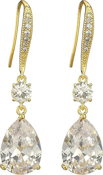 Drop Dangle Earrings for Women, Pear Cut Cubic Zirconia Long Teardrop Wedding Bridal Earrings, Silver Rose Gold Plated Copper Brass Micro Inlay CZ Gorgeous Plain Simple Fine Jewelry Gifts Box