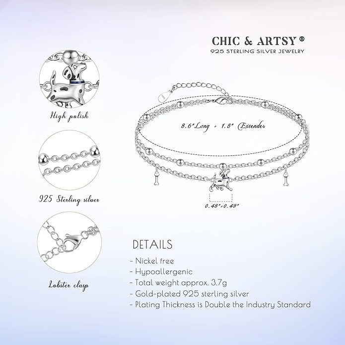 CHIC & ARTSY Womens Sterling Silver Created Opal Layered Anklet Bracelet Dainty Beaded Chain Adjustable 11" Best Friend Anklet