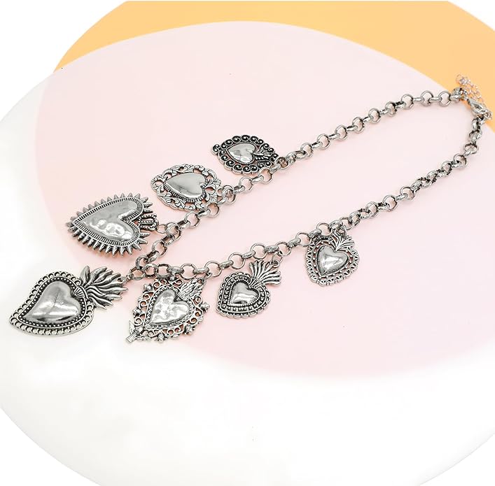 Chunky Retro Heart Necklace for Women Antique Layer Beach Ocean Moon Stars Western Boho Charm Necklaces Retro Link Chain Jewelry