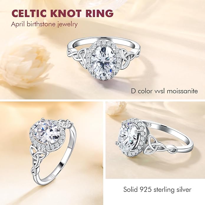 DAYBYDAY Celtic Birthstone Rings for Women 925 Sterling Silver Heart/Round/Pear/Oval Created Gemstone Moissanite Halo Engagement Promise Rings for Her Wife Birthday Anniversary Wedding Jewelry